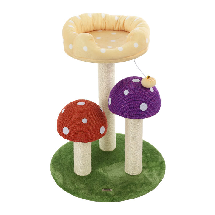 Pixie 22.5" 3-Tier Cottage Sisal Mushroom Cat Tree with Scratching Posts, Napping Perch, and Dangling Bell Toy, Multi