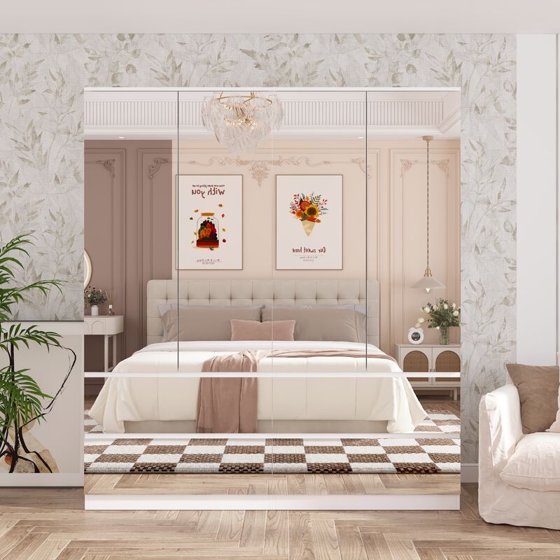 FUFU&GAGA Modern White Armoire with Full-Length Glass Mirrors &ndash; Elegant Wardrobe with Ample Storage and Robust Construction, (63" L x 19.7" W x 70.9" H),Silver