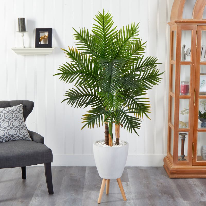 Hivvago 63 Inches Areca Artificial Palm Tree in White Planter with Stand (Real Touch)