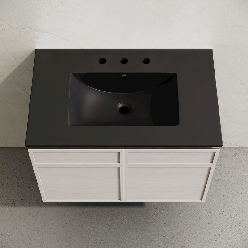 30" Wall-Mounted Bathroom Vanity in White Oak, Black 3-Hole Widespread Sink Top image number 2