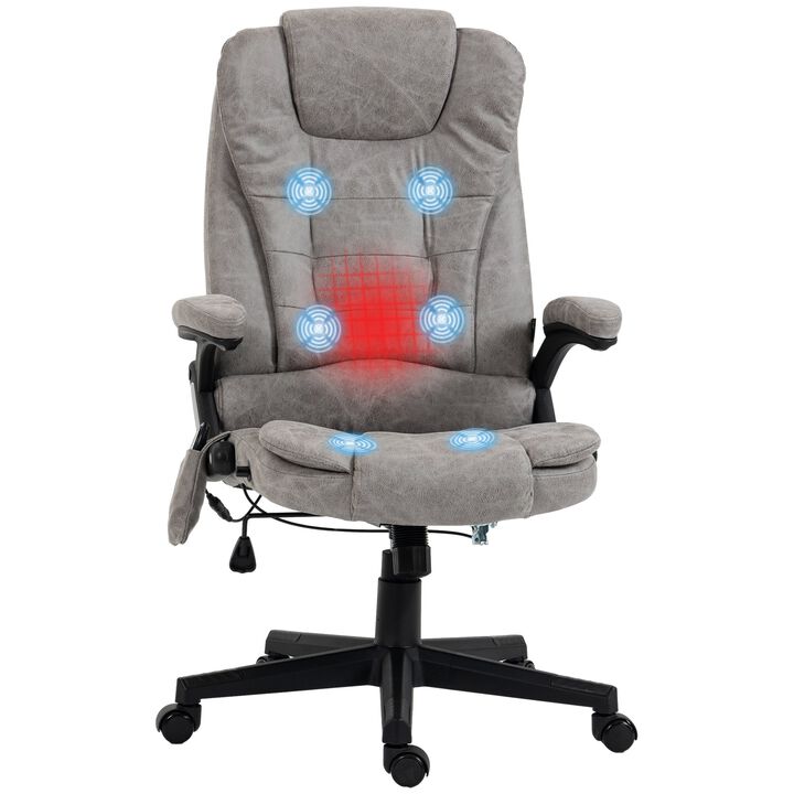 6 Point Vibrating Heated Massage Office Chair, Linen High Back Office Desk Chair, Reclining Backrest, Padded Armrests & Remote, Gray