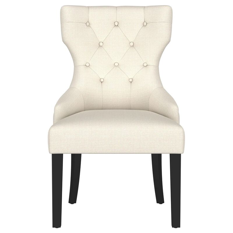 Aney Dining Side Chair, Curved Barrel Design, Beige Fabric, Black Wood - Benzara