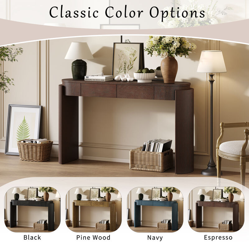 Merax Entryway Table with Natural Wood Grain Finish, Console Table with Fluted Design, Oval Top and 2 Drawers