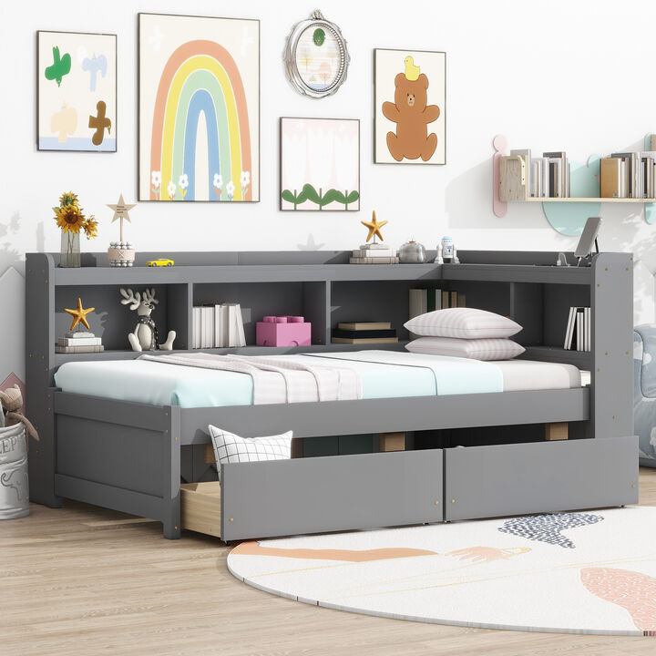 Whisen Twin Size L-shaped Bookcases Bed with Power Outlets, USB Charging Ports,Two Drawers-Grey