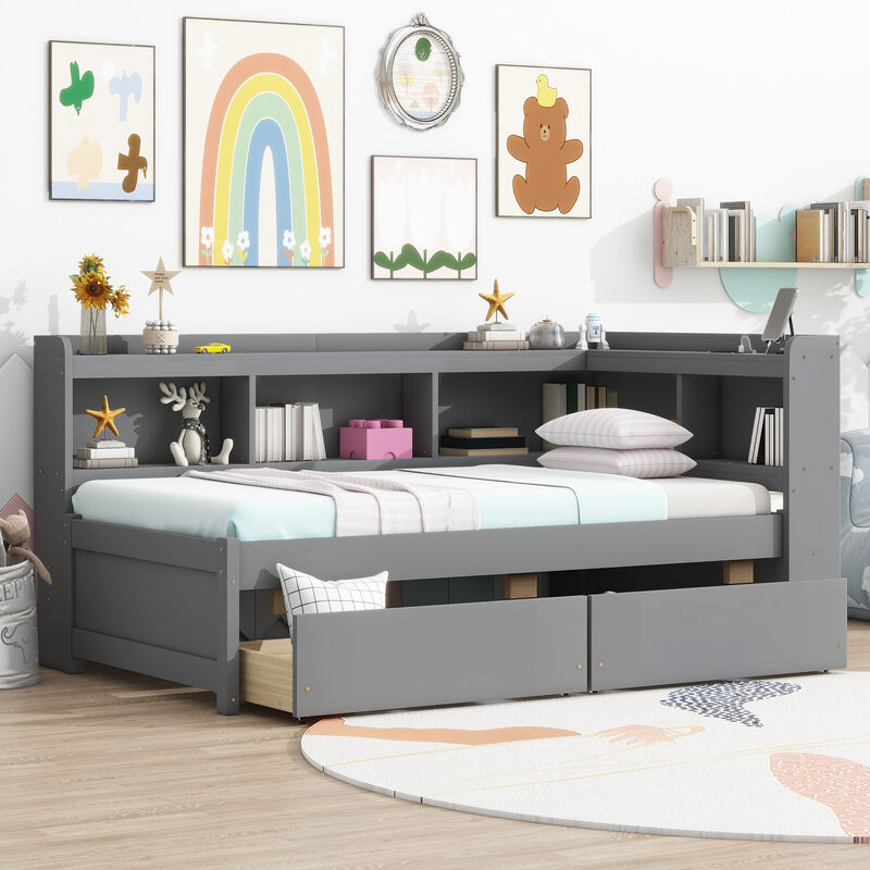 Whisen Twin Size L-shaped Bookcases Bed with Power Outlets, USB Charging Ports,Two Drawers-Grey