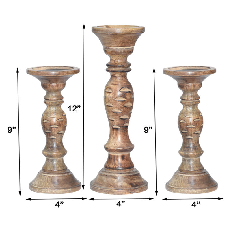 Traditional Medium Burnt Eco-friendly Handmade Mango Wood Set Of Three 9",12" & 9" Pillar Candle Holder