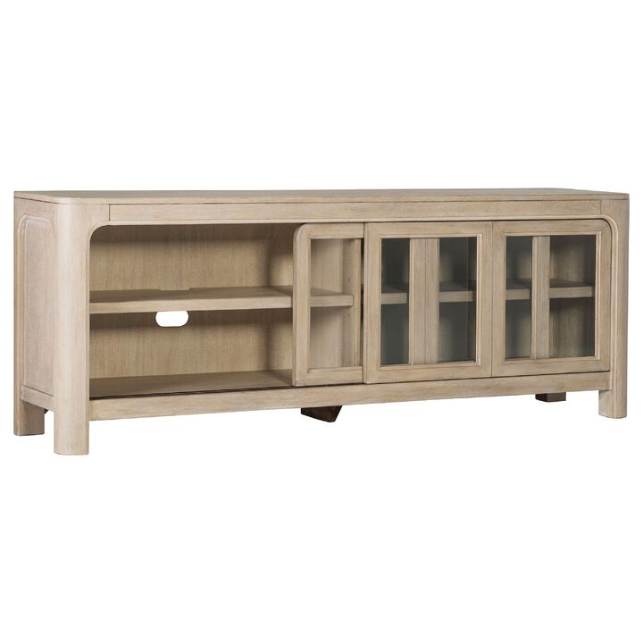 Pira TV Stand Media Console, 2 Glass Door Cabinets, Brown Wood 71 Inch