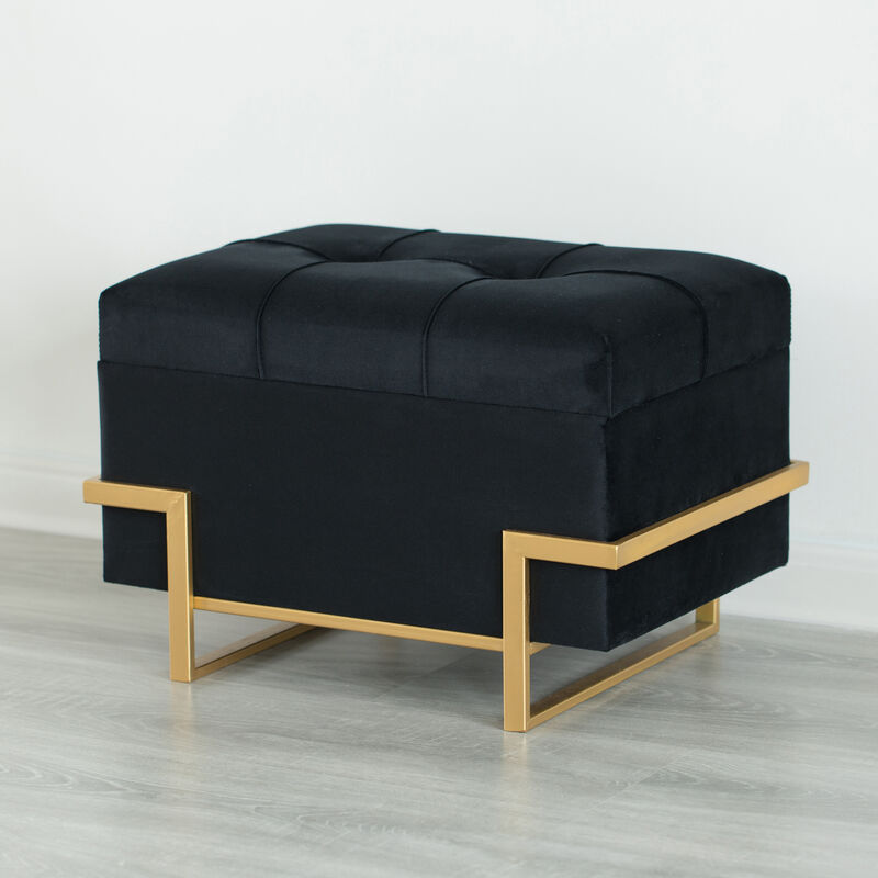 Rectangular Velvet Storage Ottoman with Gold Legs, Black