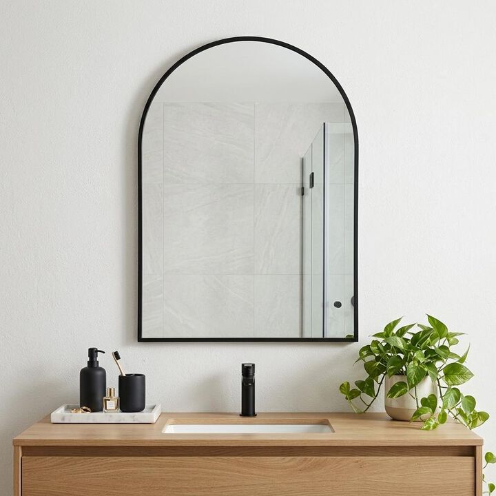 HomeRoots 38" Black Aluminum Arch Framed Anti Fog Accent Mirror