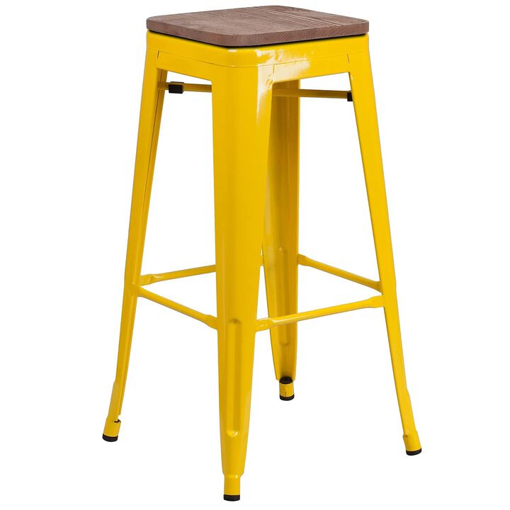 Flash Furniture Lily 30" High Backless Yellow Metal Barstool with Square Wood Seat