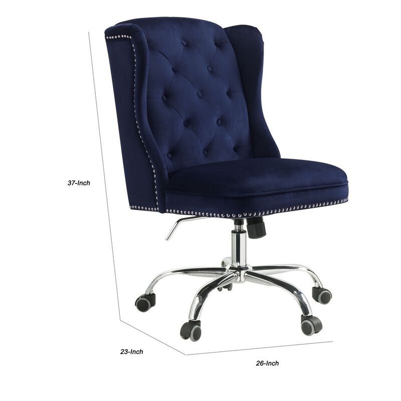 Velvet Upholstered Armless Swivel and Adjustable Tufted Office Chair, Blue-Benzara image number 5