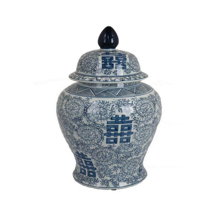 18 Inch Accent Temple Jar with Removable Lid, Blue and White Floral Print - Benzara