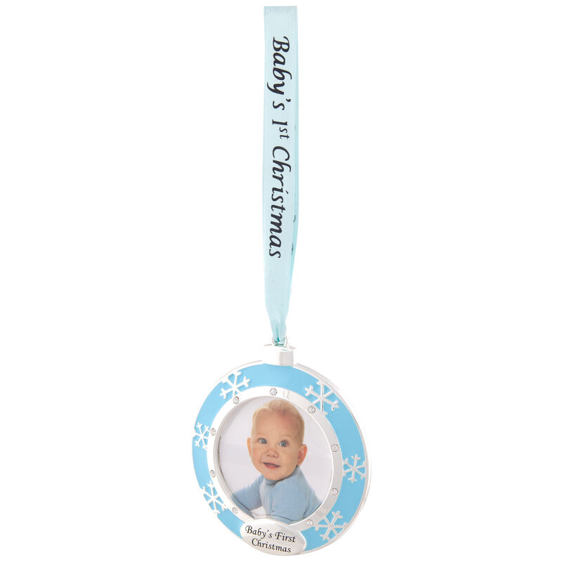 3" Blue Silver-Plated Baby's First Christmas Ornament with European Crystals image number 2