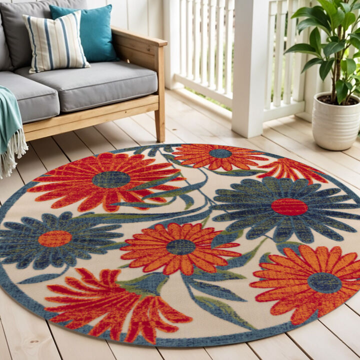 HomeRoots 5' Ivory Blue And Orange Round Floral Indoor Outdoor Area Rug