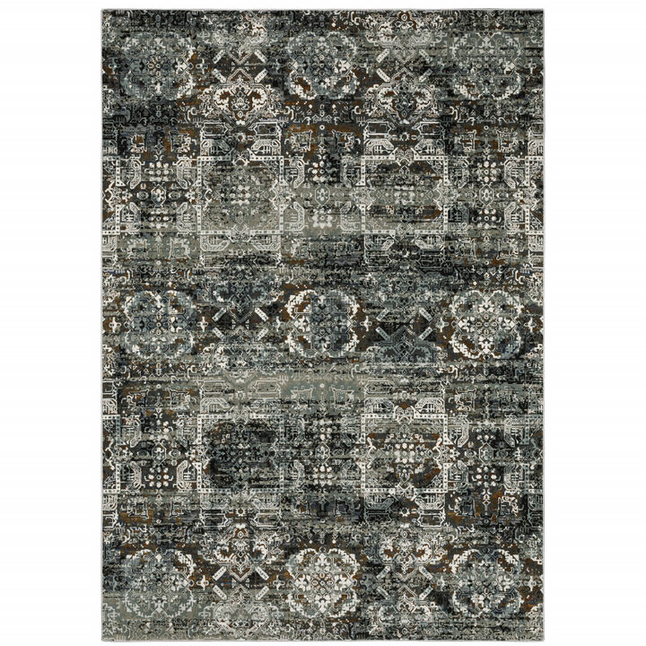 4 X 6 Ivory charcoal grey Blue Rust gold And Brown Oriental Power Loom Stain Resistant Area Rug