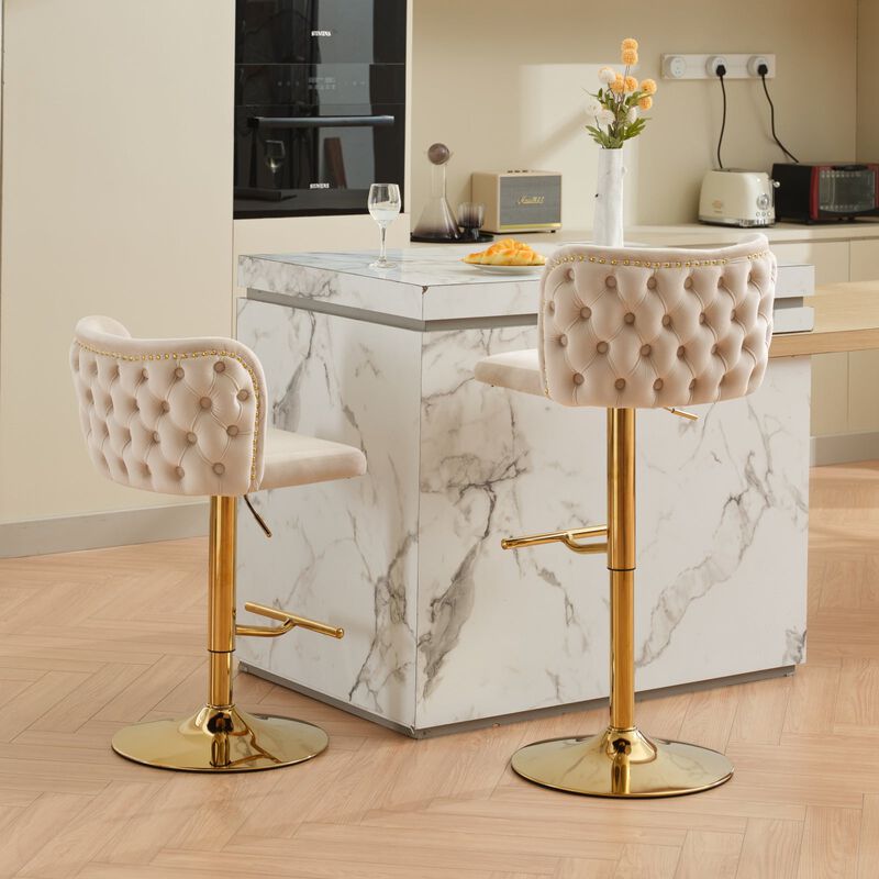 Clihome Swivel Barstools Adjusatble Seat Height With Gold-plating Base, Classic Velvet Upholstered Bar Stools with the whole Back Tufted, for Home image number 3