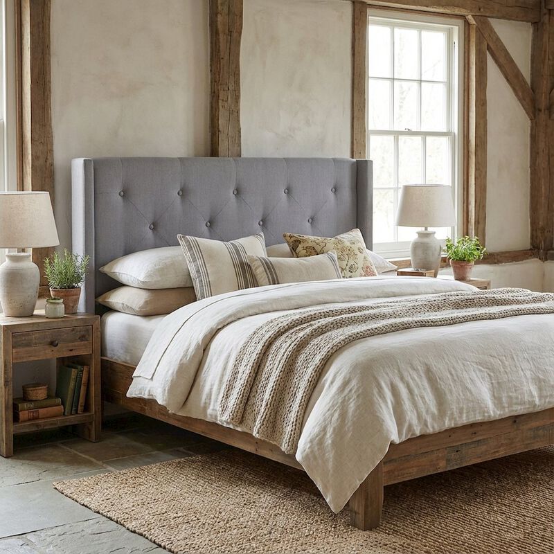 Gray Upholstered Queen Headboard with Solid Rubberwood Frame and Sturdy Design image number 1