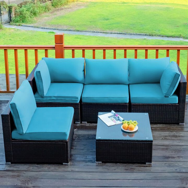 Mondawe 5 Pieces Cushioned Patio Rattan Furniture Set with Glass Table