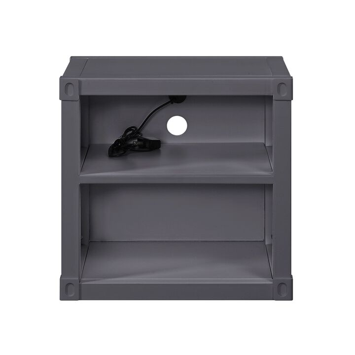 Metal Nightstand with 2 Open Compartment and USB Port, Gray-Benzara