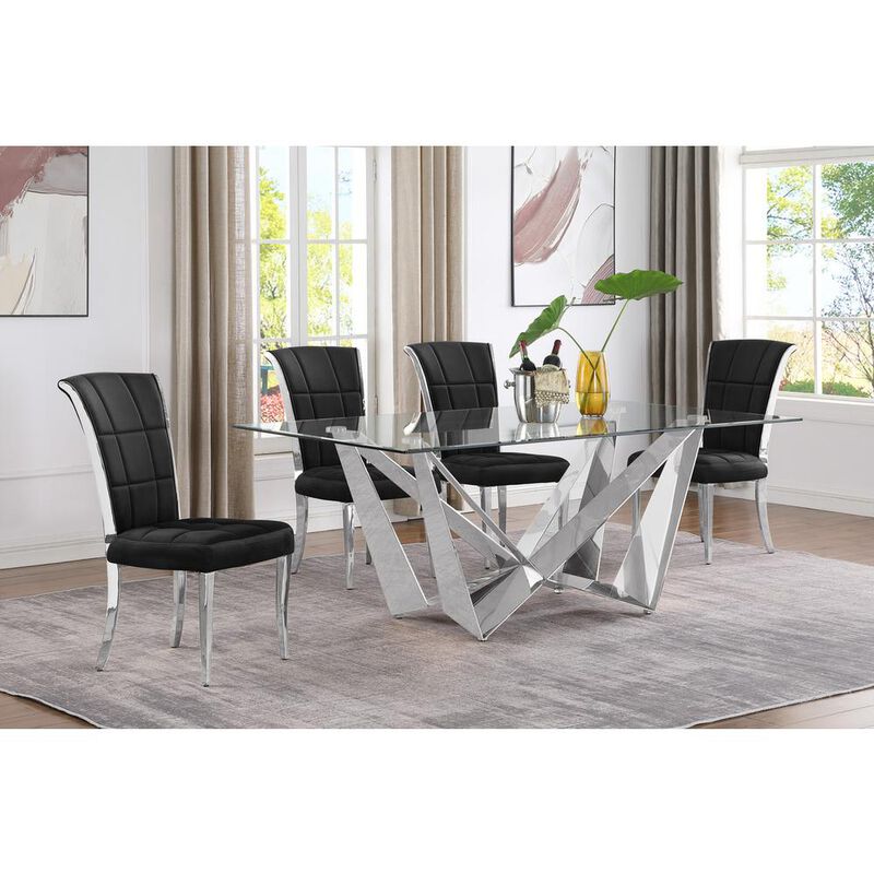 5pc Small(78") glass dining set with silver base and 4 Black side chairs