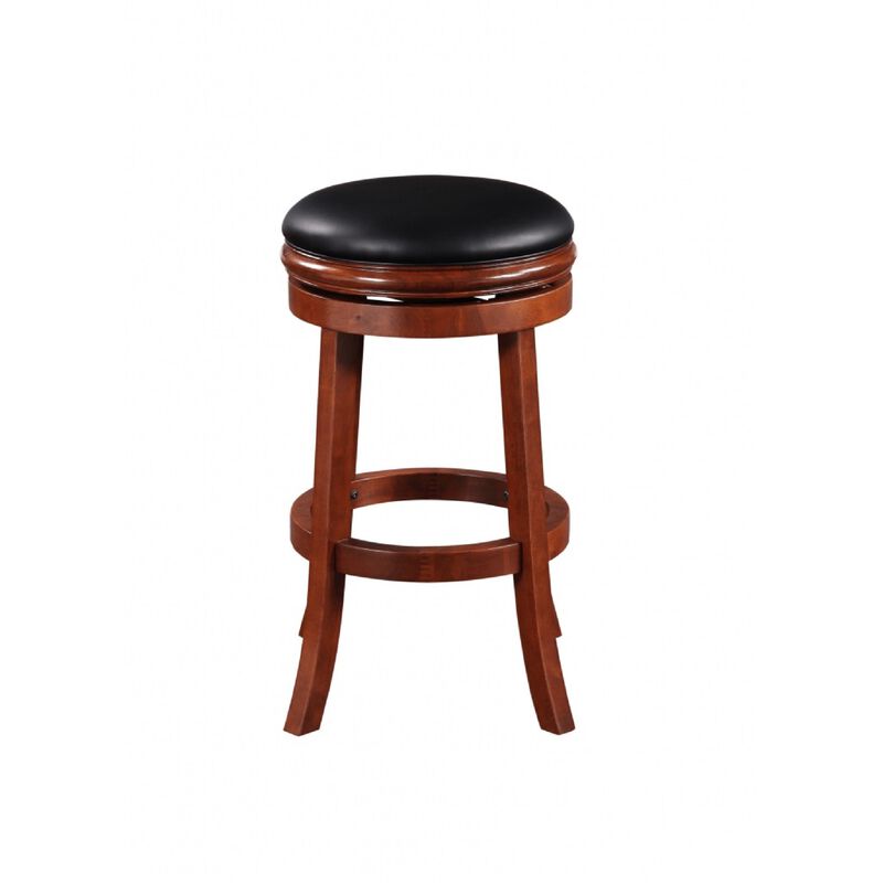 Sabi 30 inch Swivel Counter Stool, Solid Wood, Faux Leather, Brown, Black - Benzara
