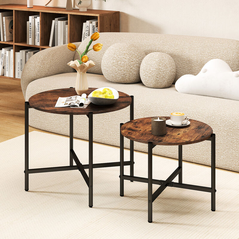 Round Coffee Table Set of 2 – Heavy-Duty Metal Frame Nesting Tables for Living Room