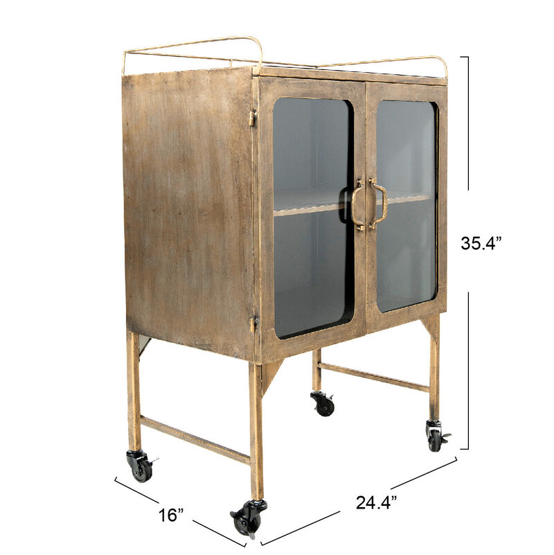 Metal Bar Cabinet with Glass Doors and Wheels, Gold and Antique Brass image number 2