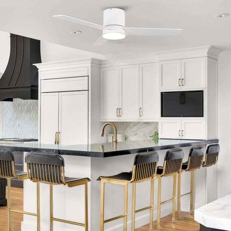 48" Modern White LED Flush Mount Ceiling Fan with Remote Control