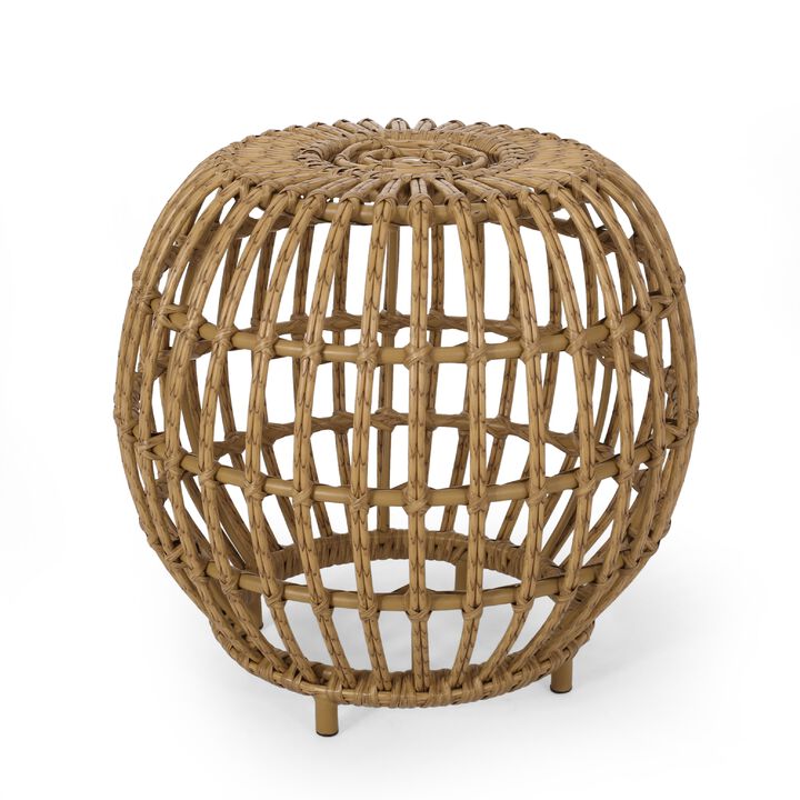 Outdoor Side Table, Open Design, 20 Inch Light Brown Woven Wicker