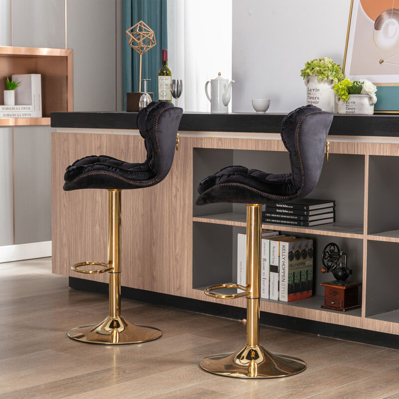 Set of 2 Bar Stools, with Chrome Footrest and Base Swivel Height Adjustable Mechanical Lifting Velvet + Golden Leg Simple Bar Stool-black