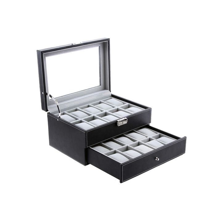 20-Slot Watch Storage Box with Glass Display Lid and Secure Lock