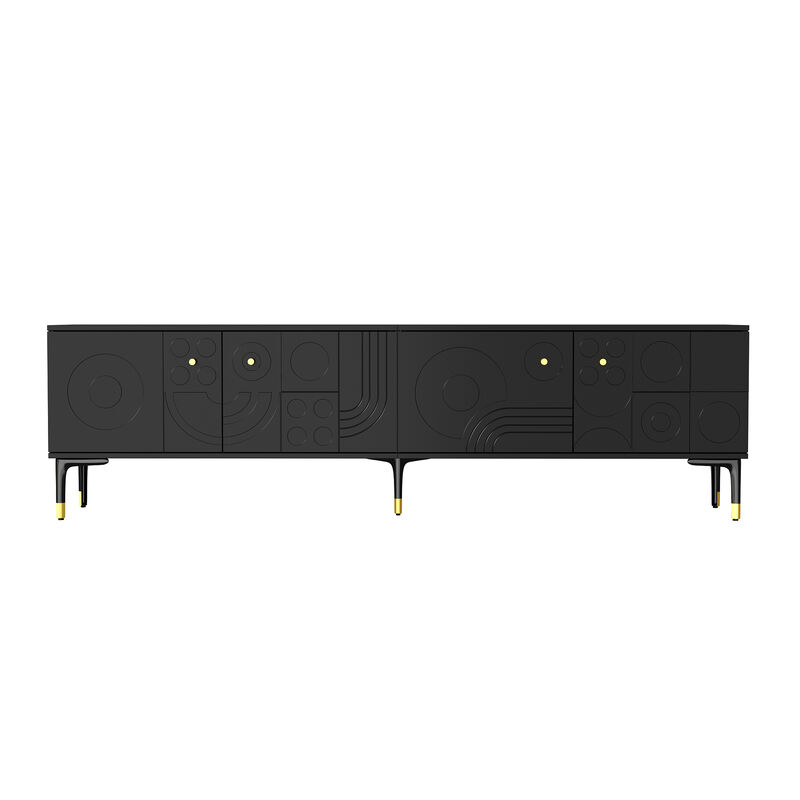 FUFU&GAGA Modern TV Stand with Large Storage Capacity, Formed Geometric Embossing and Gold Conical Handles, (78.7 in. W x 15.7 in. D x 22 in. H), Black