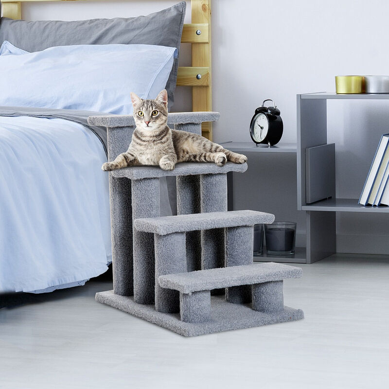 Gray Feline Climber: 25" 4-Step Carpeted Cat Stairs with Toy image number 1