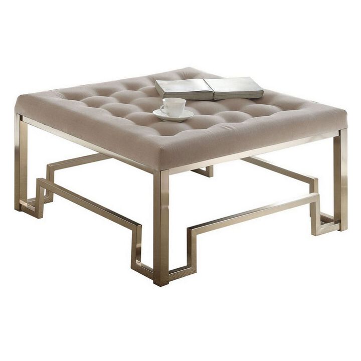 Modern Style Square Shaped Wood and Metal Cocktail Ottoman, Gold and Beige-Benzara
