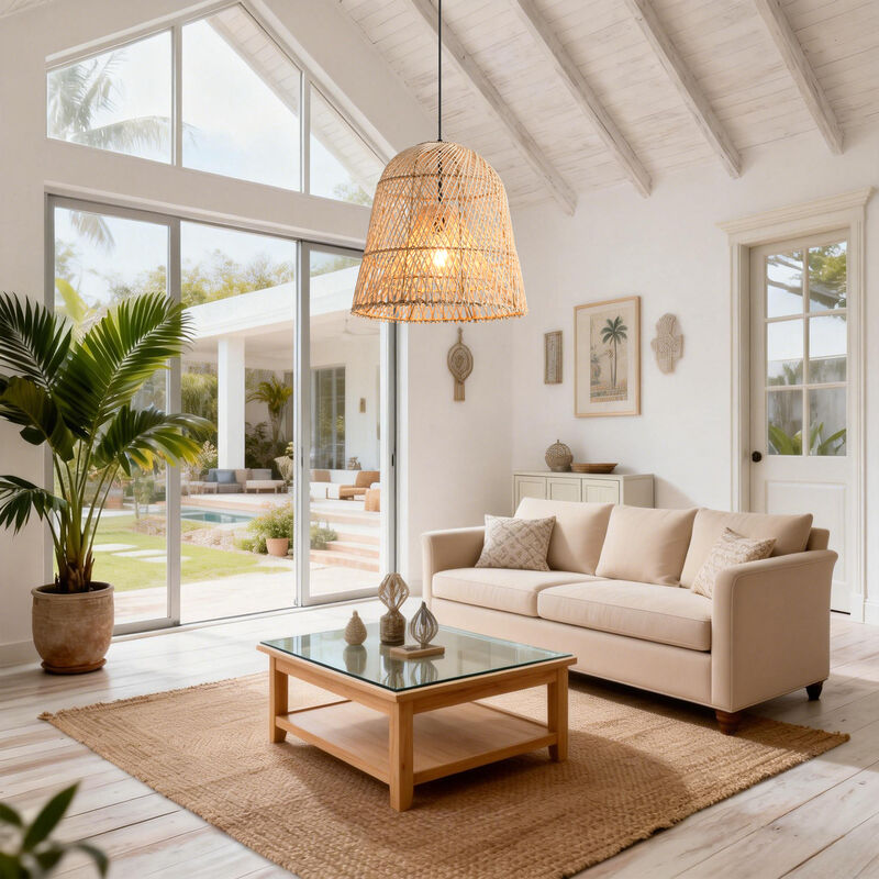 17.7" Bohemian Natural Dome Handwoven Rattan Pendant Light with Adjustable Cord for Bedroom, Living Room or Kitchen Island image number 4