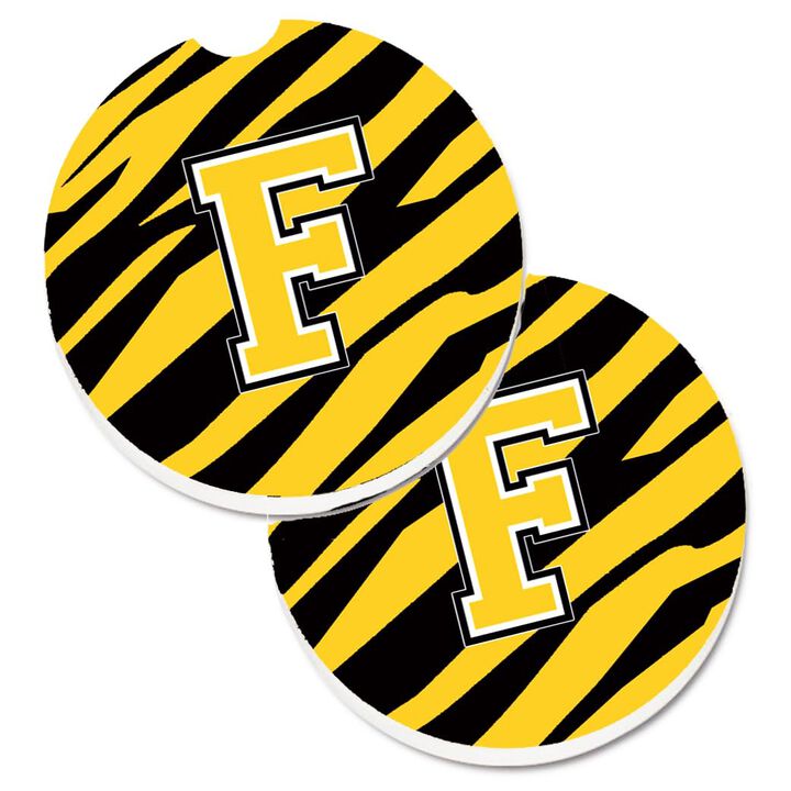 Caroline's Treasures Monogram Initial F Tiger Stripe - black Gold Set of 2 Cup Holder Car Coasters CJ1026-FCARC, 2.56, Multicolor
