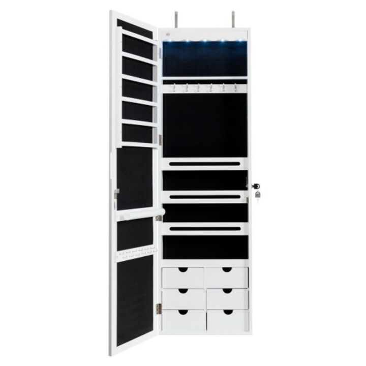 5 LEDs Lockable Mirror Jewelry Cabinet Armoire with 6 Drawers-White