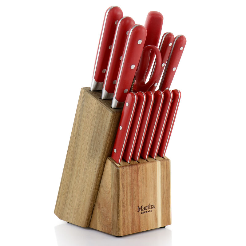 Martha Stewart 14 Piece Stainless Steel Cutlery Set in Red with Acacia Wood Storage Block