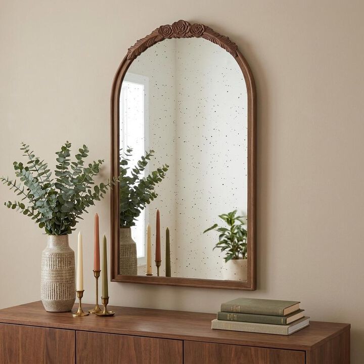 HomeRoots 42" Brown Crowned Top Antiqued Glass Arch Framed Accent Mirror