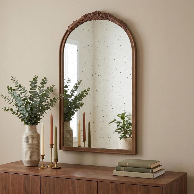 HomeRoots 42" Brown Crowned Top Antiqued Glass Arch Framed Accent Mirror image number 1