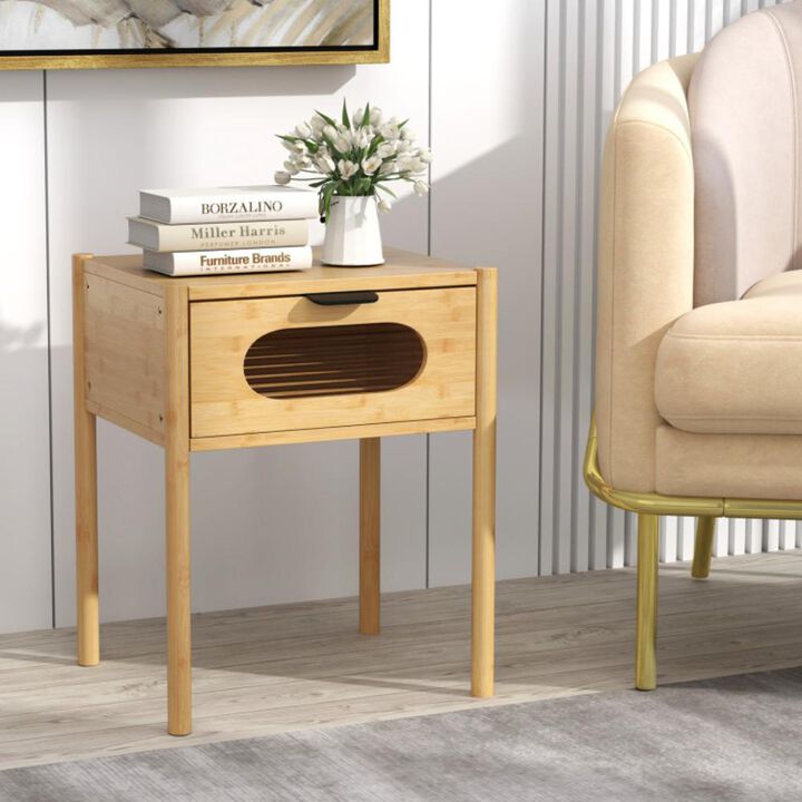 Hivvago Bamboo Nightstand Square Tall End Table with Decorated Drawer