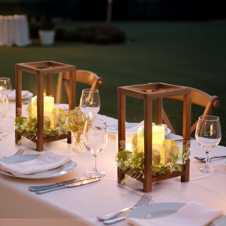 12 Set Wooden Lantern Candle Holders with LED Candles and Eucalyptus Wreaths for Wedding Decor