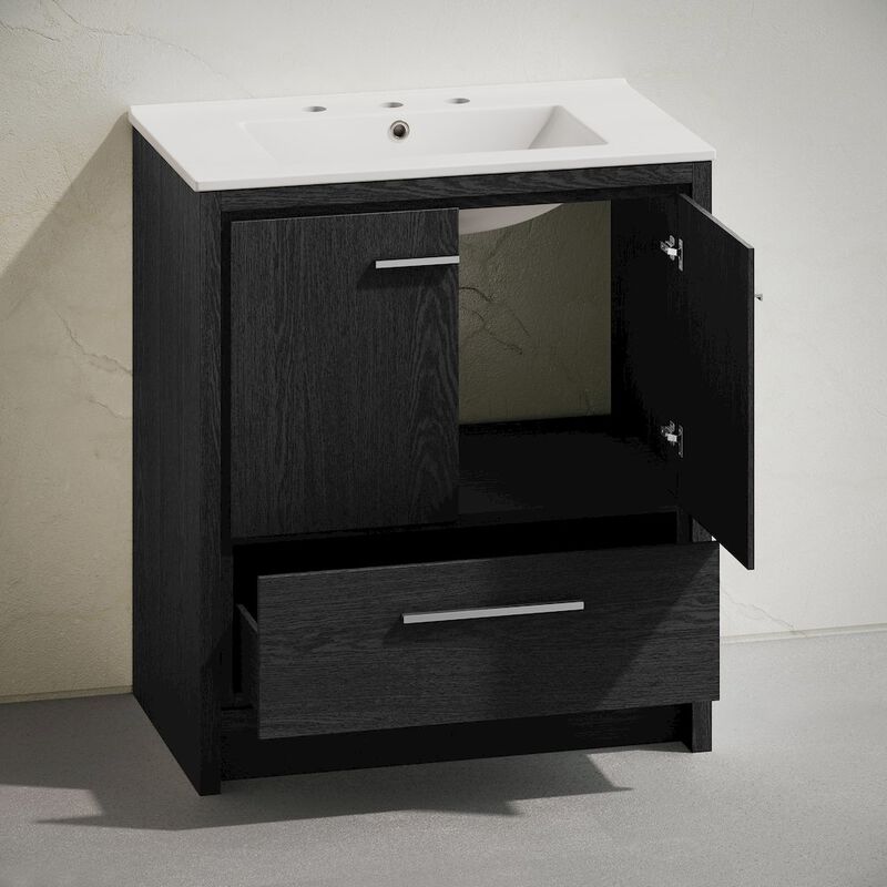 30" Freestanding Bathroom Vanity in Black Oak with 3-Hole Widespread Sink Top image number 4