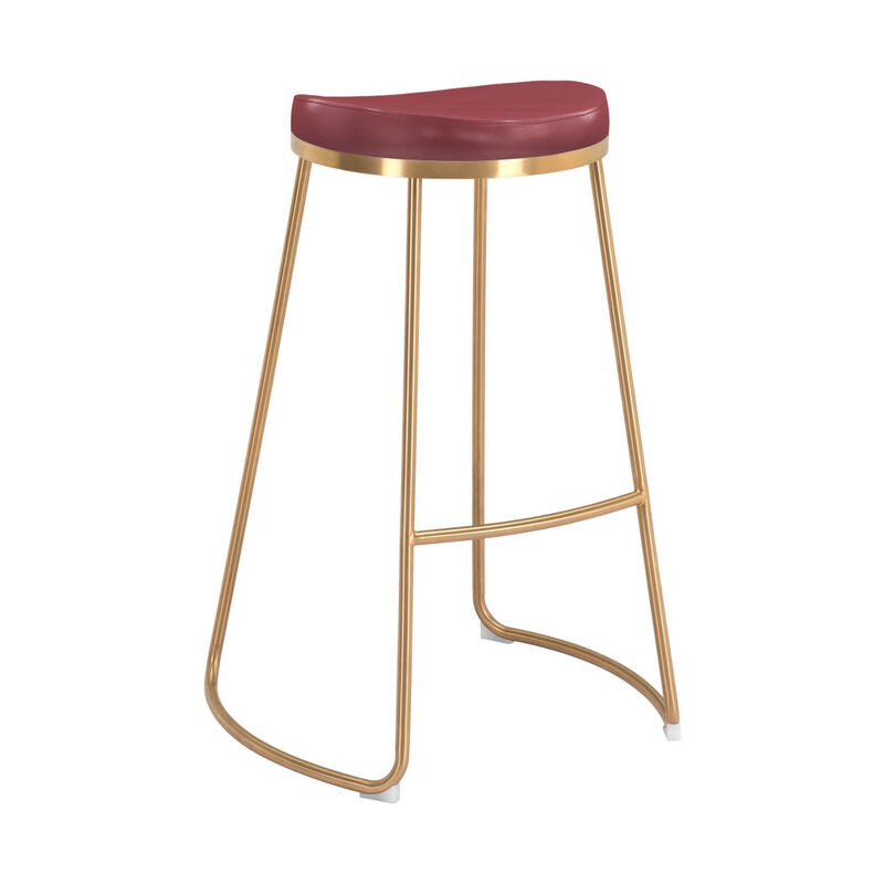 Hivvago Set of Two 31 Inch Burgundy And Gold Steel Backless Bar Height Bar Chairs