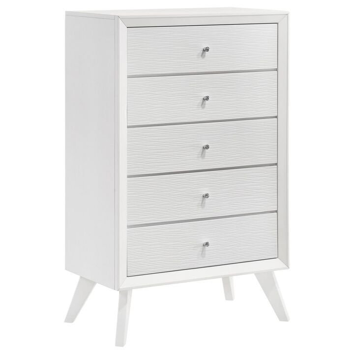 Benjara Zoe 48 Inch Tall Chest, 5 Drawers with Crystal Knobs, Wavy Design, White