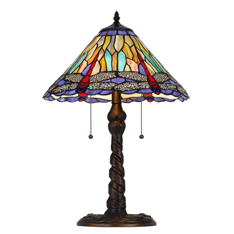 Eli Table Lamp, Tiffany Glass Shade, Blue Red Dragonfly Design, Bronze, 23In image number 2