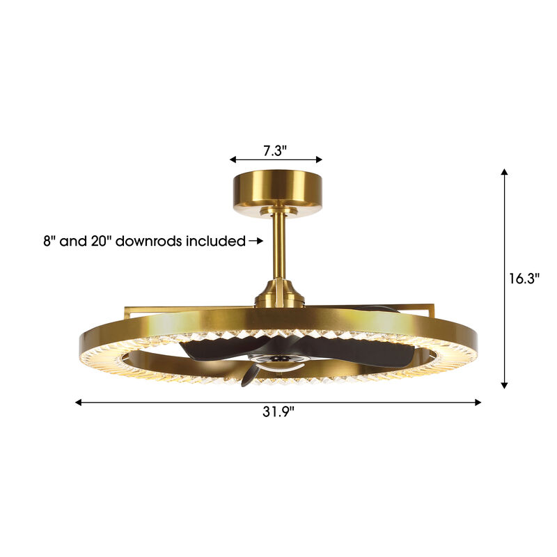 31.9" Modern Brushed Copper Wheel Caged Crystal Reversible Dimmable Ceiling Fan with Light and Remote for Bedroom, Living Room or Dining Room image number 5