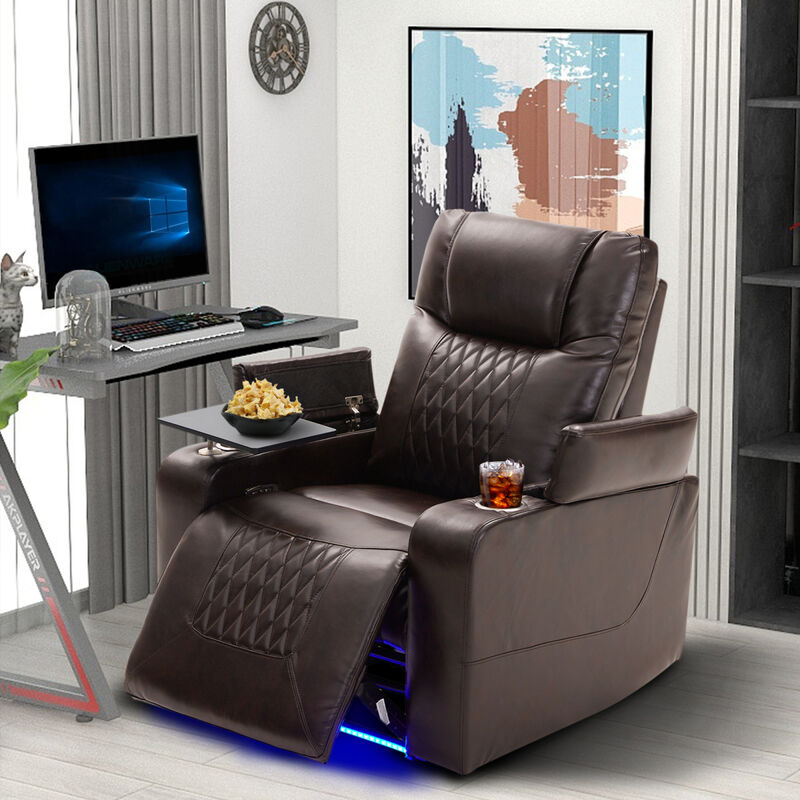 Power Motion Recliner with USB Charging Port and Hidden Arm Storage 2 Convenient Cup Holders Design and 360  Swivel Tray Table, Brown