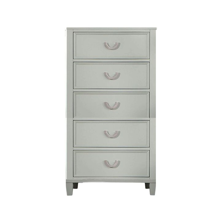 Roly Tall Dresser Chest, 5 Drawers, Chrome Hanging Handles, Gray Wood