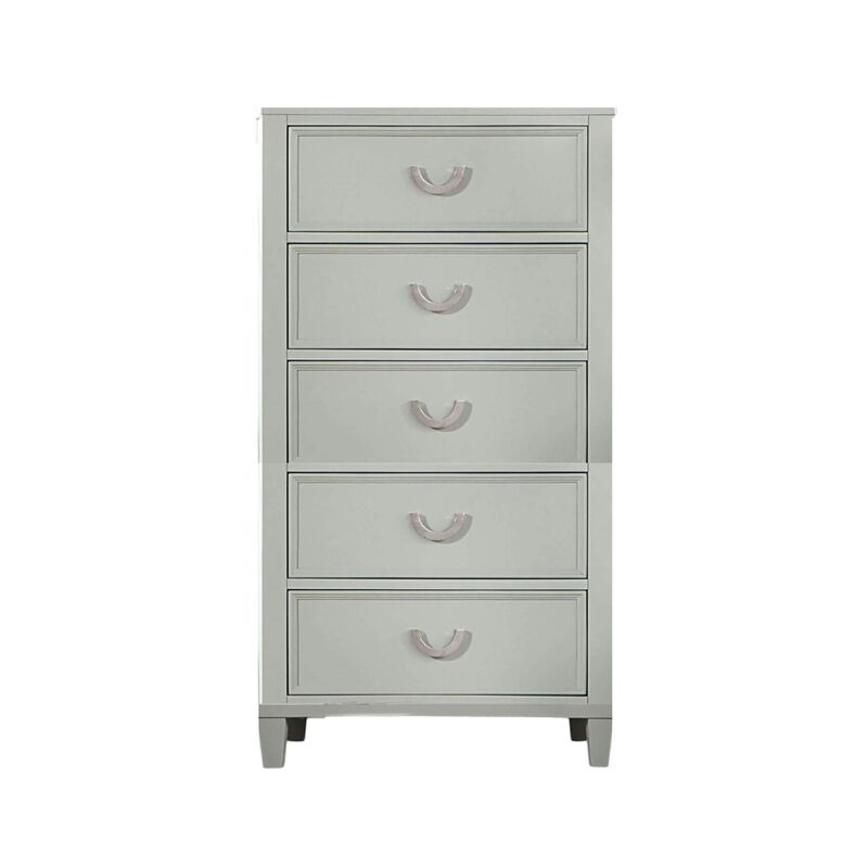 Roly Tall Dresser Chest, 5 Drawers, Chrome Hanging Handles, Gray Wood